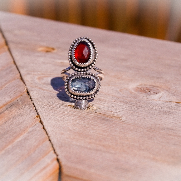 Hessonite Garnet and Teal Moss Kyanite BEZEL Set Gemstone Ring .925 Sz. 6.5 - Picture 6 of 6